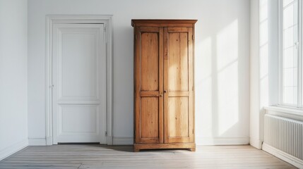 Wooden dressing closet positioned beside a front doorway, with bright white walls creating a versatile advertising space