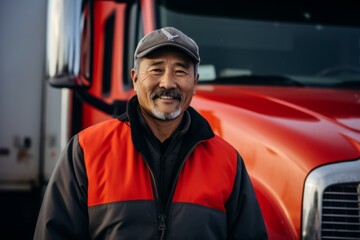 Obraz premium Portrait of a middle aged male trucker outside the truck during winter