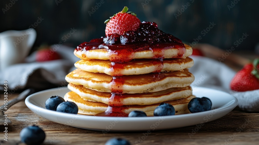 Poster stack of fluffy pancakes topped with strawberry and blueberry jam on a white plate set on a rustic w