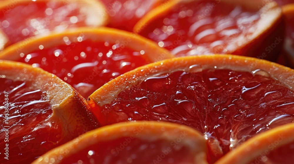 Aufkleber Close up macro view of fresh red grapefruit slices featuring water droplets on the surface