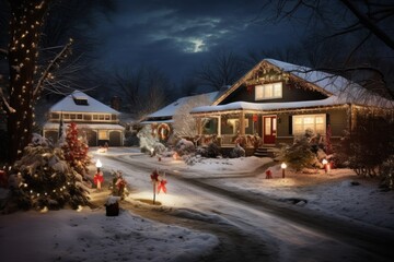 Fototapeta premium Beautiful snowy neighborhood with Christmas lights and decorations at night