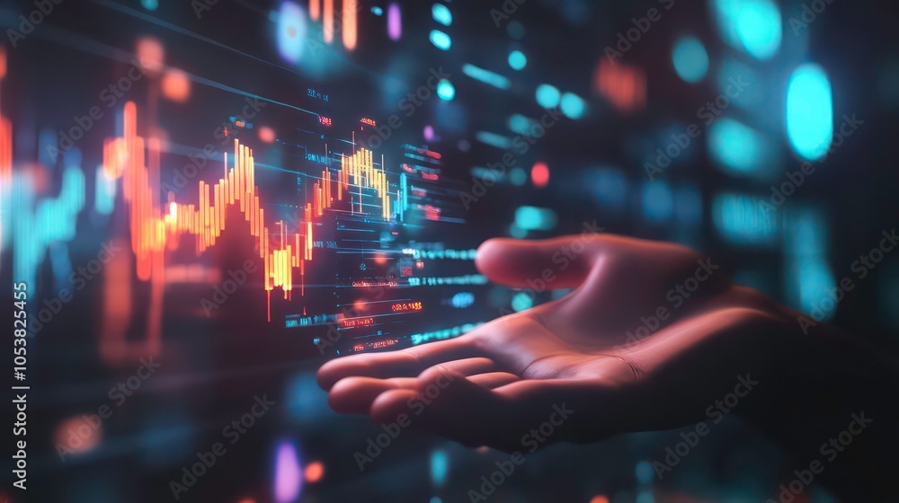 Poster a hand reaching out to a digital graph, symbolizing data analysis and financial trends.