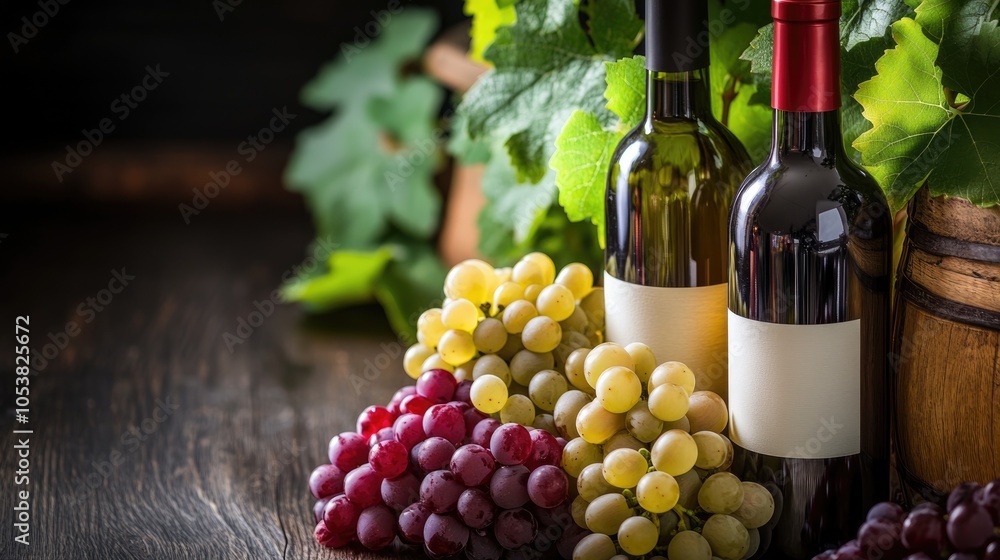 Poster red and white wine bottles alongside a cluster of grapes