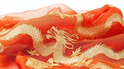 Fototapeta premium Traditional Chinese background featuring intricate gold dragon patterns on red fabric, symbolizing power, isolated on white
