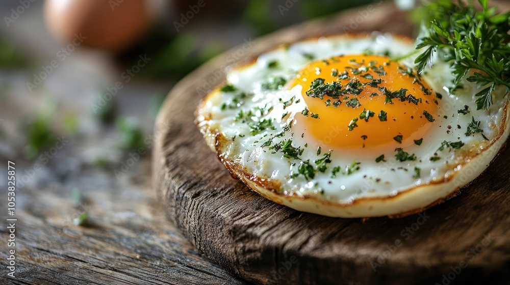 Poster breakfast eggs garnished with fresh herbs captured in a macro shot on a rustic wooden table