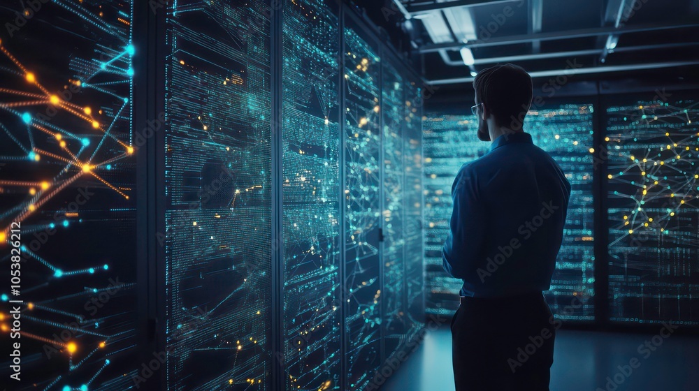Poster a person observes a digital data center with illuminated connections and servers.