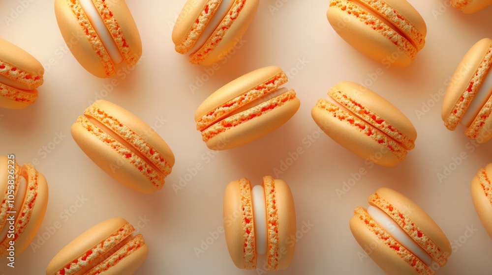 Poster A collection of orange macaron pastries crafted from whipped egg whites creating a visually appealing background Focused highlights enhance the image