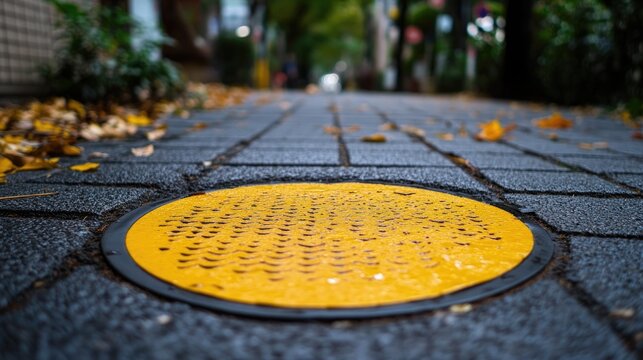 Yellow circular sign on pavement encourages maintaining a 1 5m distance to promote safety and social distancing during health concerns