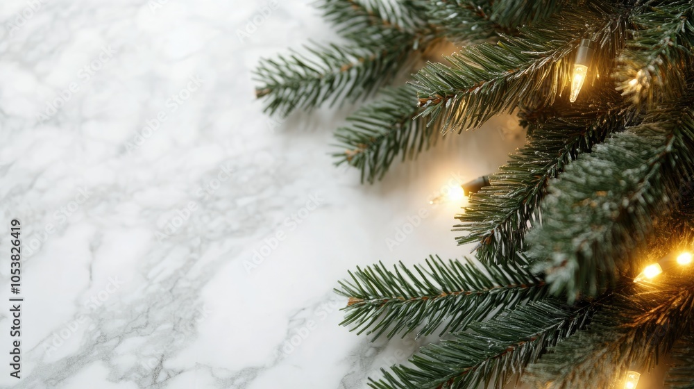 Aufkleber christmas tree branches with bokeh blurred fairy lights set against a marble background