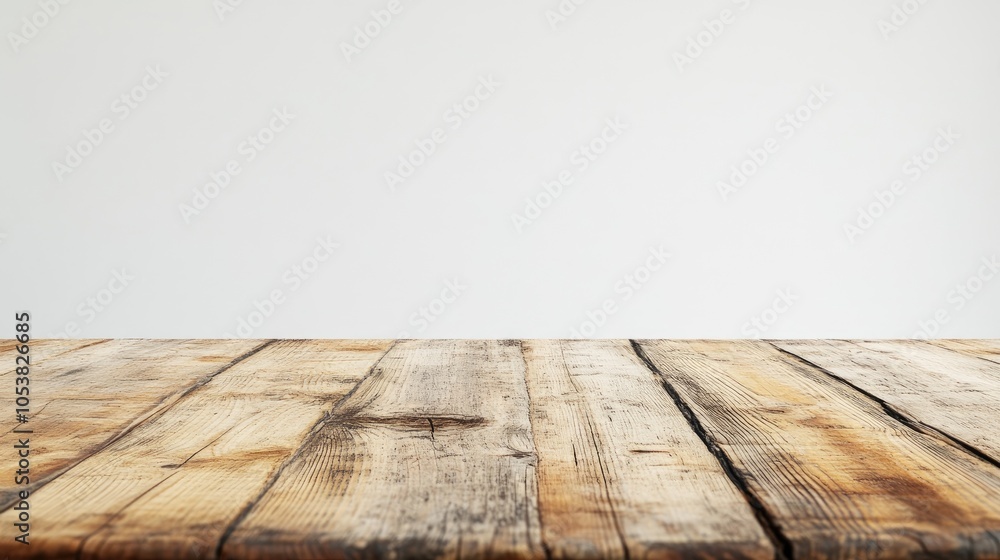 Poster A rustic wooden table with a light grey backdrop highlighting its natural texture and warmth ideal for creating a cozy dining or workspace ambiance