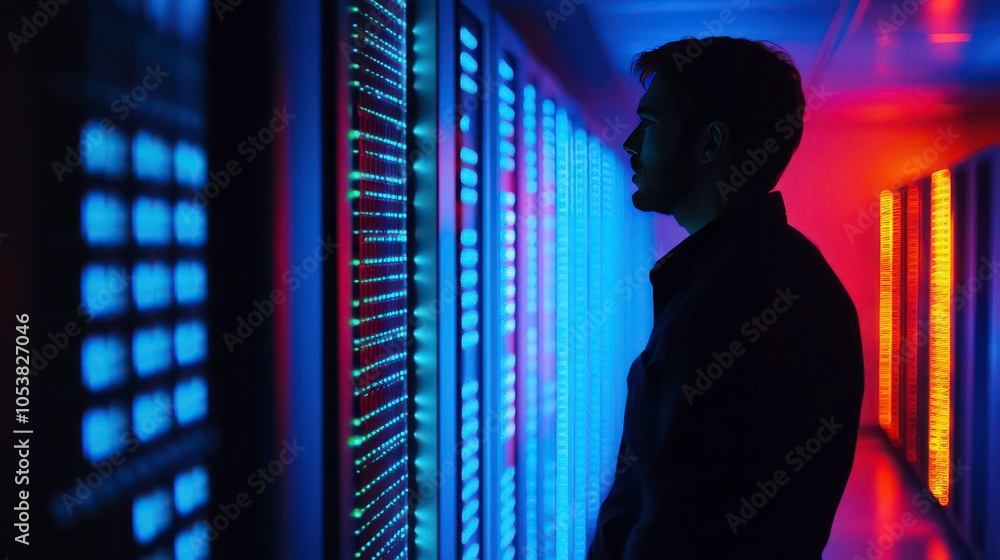 Aufkleber a silhouette of a person observing illuminated server racks in a data center.