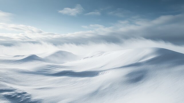 A winter wonderland unfolds in Finland, where a serene snow-covered landscape meets a swirling blizzard. The cold and sunny day illuminates the pristine white surface