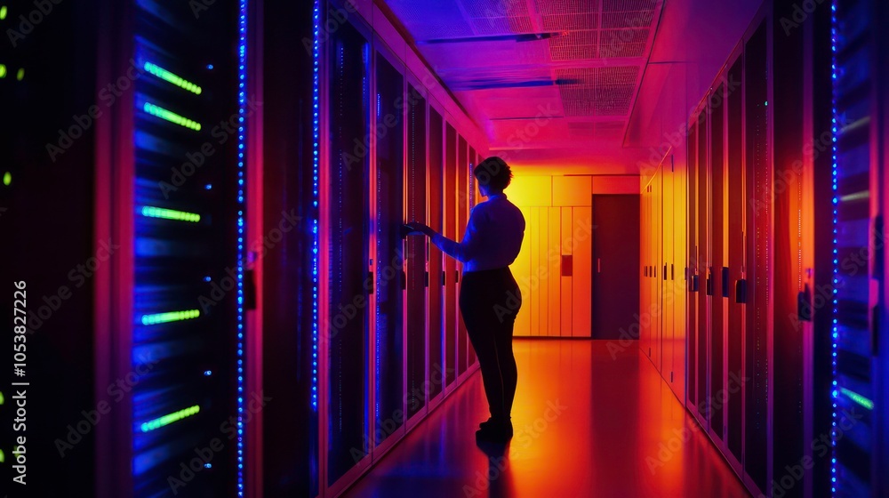 Leinwandbilder a person interacts with server racks in a dimly lit data center.