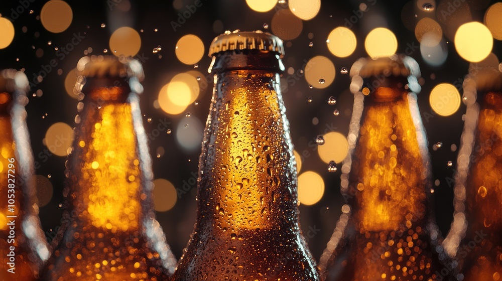 Aufkleber Close up of chilled beer bottles covered in condensation illuminated by warm bokeh lights evoking a refreshing sensation