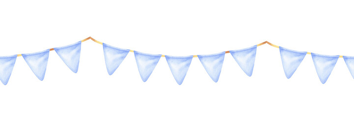 A seamless garland of triangular pennants in soft blue watercolor, perfect for baby showers or birthday celebrations. Hand-drawn design adds a festive and charming touch to any party decor