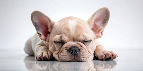 Reflected photograph of French bulldog puppy sleeping on white background