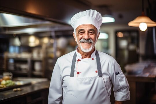 Smiling portrait of a senior chef working in kitchen