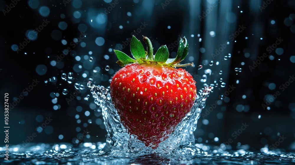 Poster Falling strawberry creating a splash in water