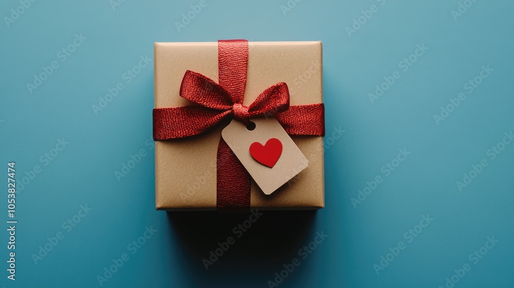 Poster gift box featuring a tag and red bow set against a blue background overhead view celebration theme w