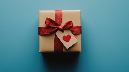 Gift box featuring a tag and red bow set against a blue background Overhead view Celebration theme with a heart element
