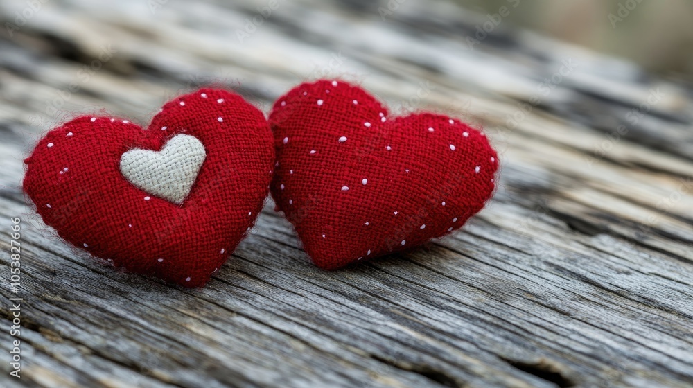 Poster two red fabric hearts placed on a rustic wooden surface symbolizing love heartbeat texture and a nos