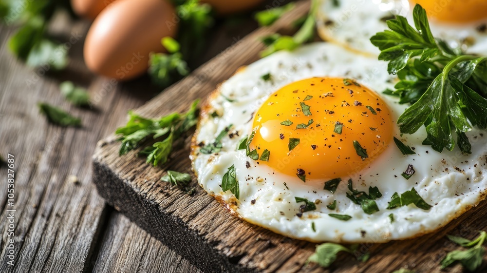 Poster breakfast eggs garnished with fresh herbs captured in a macro shot on a rustic wooden table