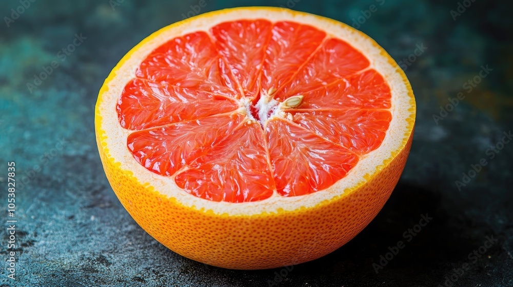 Poster close up of a halved grapefruit on a dark background showcasing the vibrant colors of this citrus fr