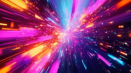 Colorful abstract explosion with 1990s geometric shapes, fluorescent gradients, and comic book-style speed lines.