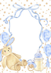 Hand drawn watercolor illustration for a baby boy birthday card. This blue pastel frame with ribbons and balloons is perfect for newborn celebrations or nursery decor. Blank space for text
