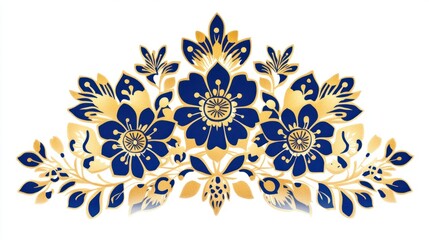 Traditional Indian pattern with floral motifs in gold on royal blue, inspired by heritage, isolated on white