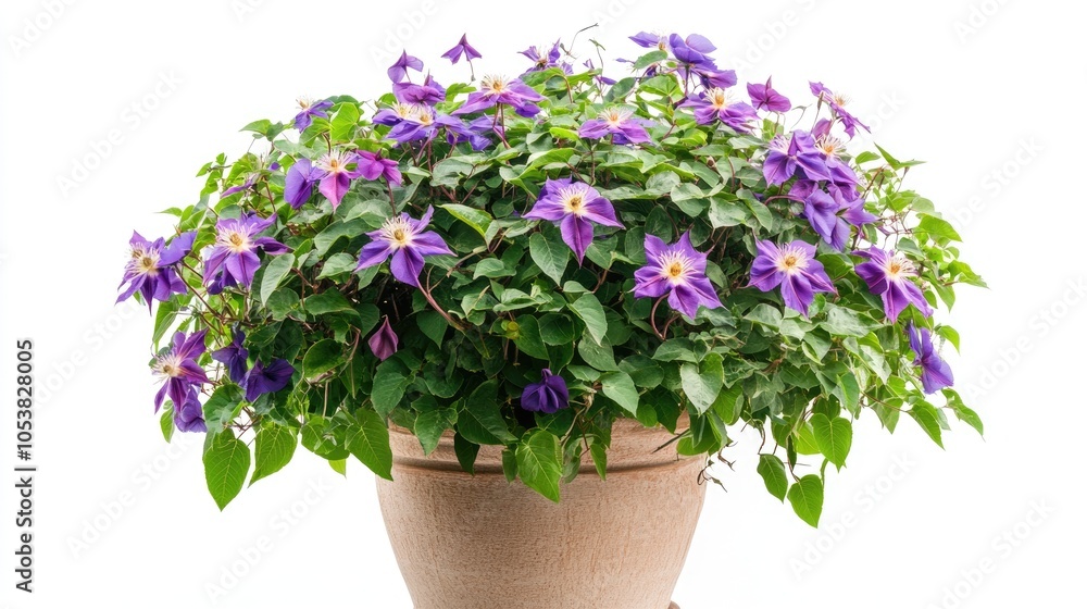 Poster purple passion vine in a pot viewed from the front set against a white background