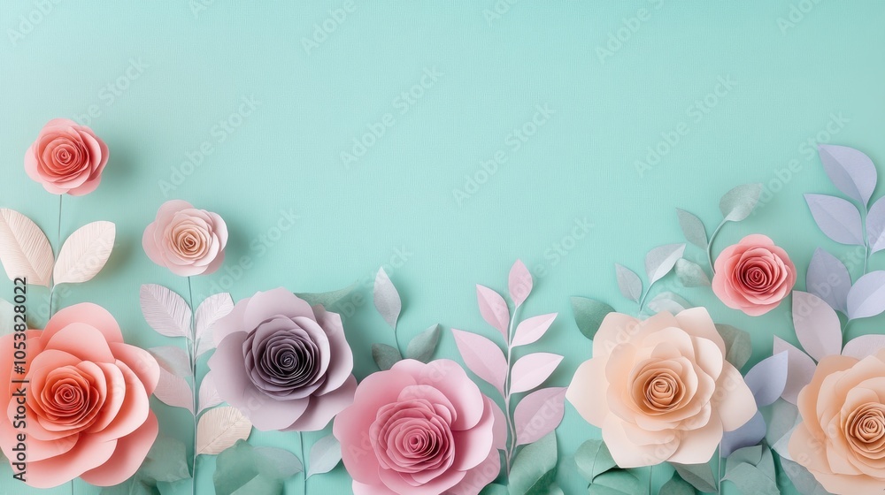 Aufkleber elegant pastel paper rose flat lay with flowers positioned at the bottom leaving ample empty space f
