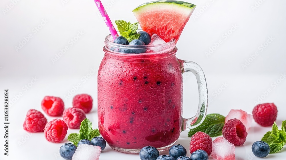 Poster Watermelon smoothie in a mason jar adorned with a slice of watermelon raspberries blueberries and ice cubes on a white background featuring a drinking straw