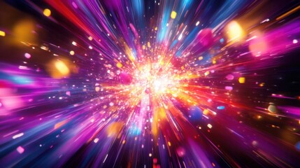 Naklejka premium Colorful abstract explosion with 1980s style laser grid, rainbow-colored bolts, and futuristic typography.