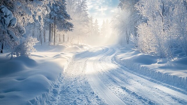 A winter wonderland unfolds in Finland, where a serene snow-covered landscape meets a swirling blizzard. The cold and sunny day illuminates the pristine white surface