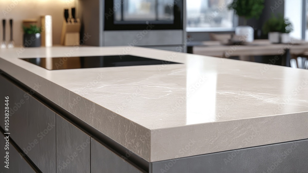 Aufkleber modern kitchen with an empty stone countertop featuring a clean white surface ideal for showcasing y