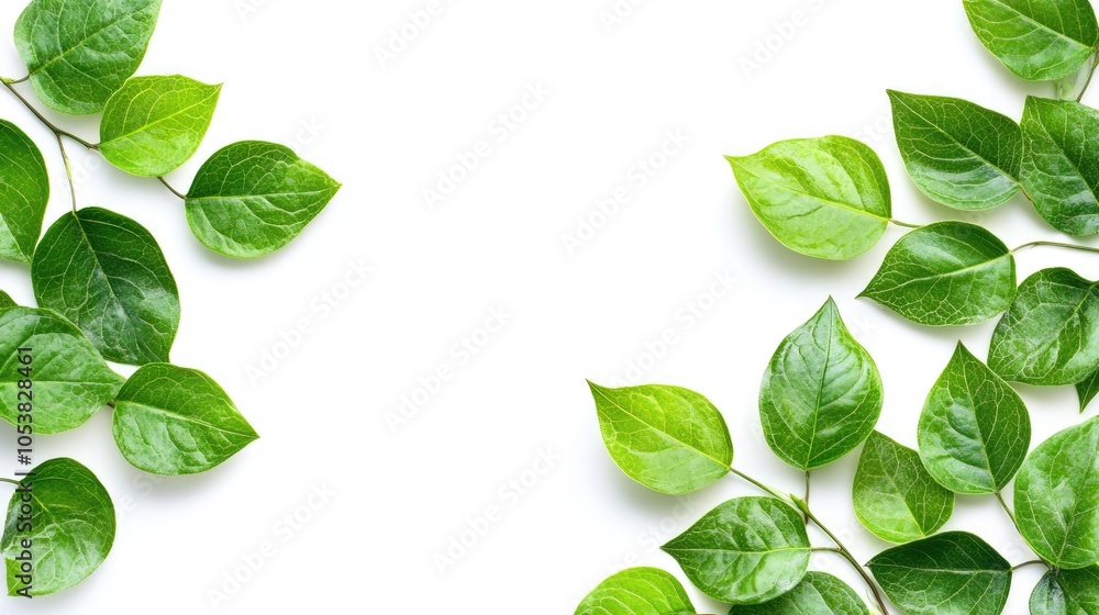 Poster fresh green leaves isolated on a white background with a side border design