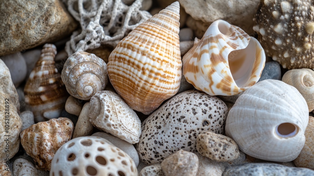 Poster a collection of rocks adorned with shells and small pebbles showcasing natural beauty and texture
