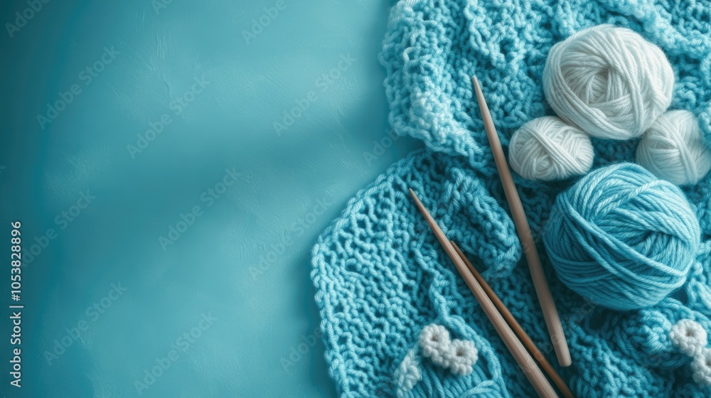 Poster blue crochet banner featuring cotton yarn crochet hooks and accessories flat lay overhead view with 