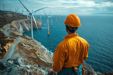 Fototapeta premium Caucasian engineer overlooking wind turbines by coastal cliffs