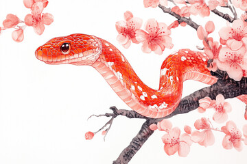 Obraz premium 赤いヘビと桜, 新年, 年賀, 巳年, 干支
