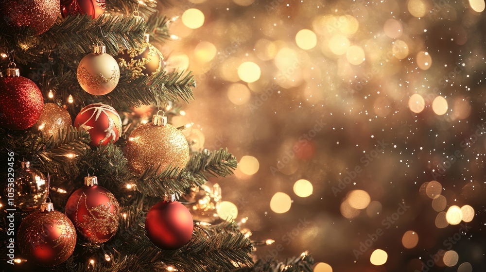 Poster Decorative Christmas tree embellished with red and gold ornaments illuminated by twinkling lights set against a shimmering bokeh backdrop