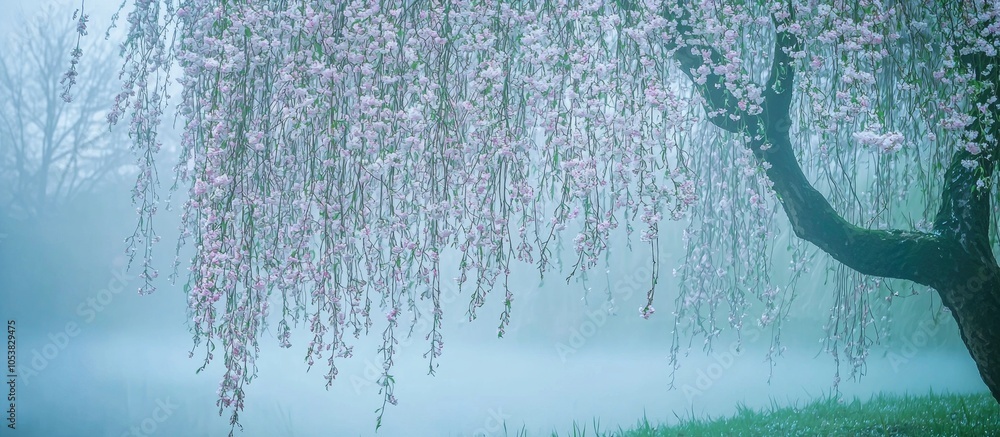 Poster blooming willow in the fog weeping willow in the springtime delicate and elegant image of spring