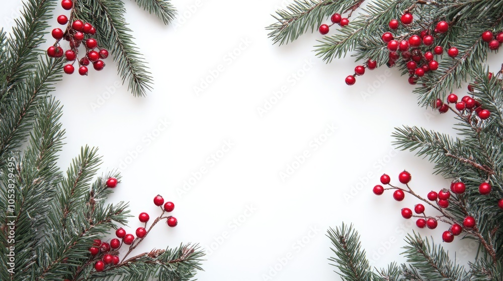 Poster Christmas themed border frame featuring green fir branches adorned with red berries on a white background providing ample space for text