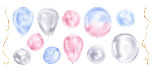 Adorable watercolor bunny toy illustration, holding blue pastel balloons and flying on fluffy clouds. This cute hand drawn clipart against a white background perfect for baby showers or nursery decor © Ekaterina
