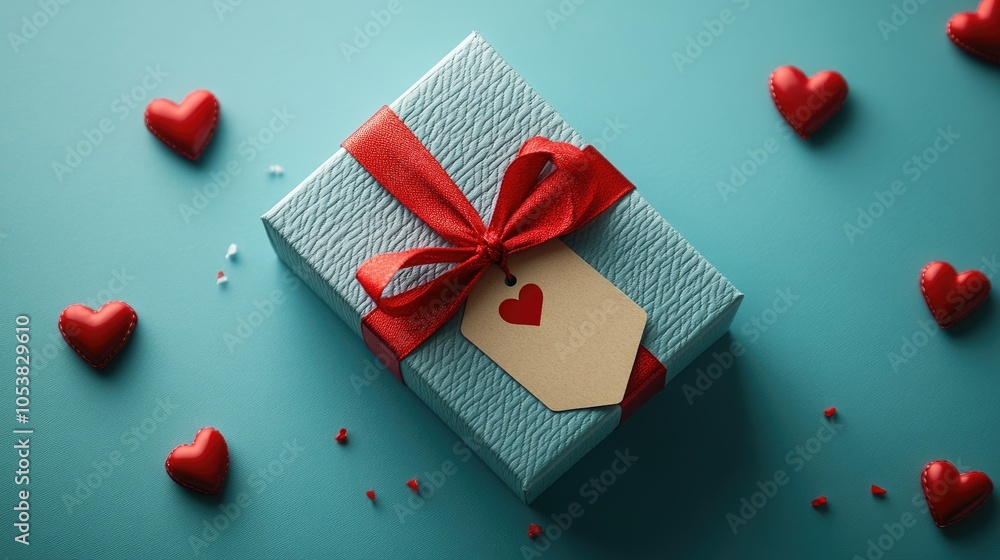 Poster gift box featuring a tag and red bow set against a blue background overhead view celebration theme w