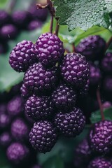 Ripe Purple Blackberries Covered in Dew Drops