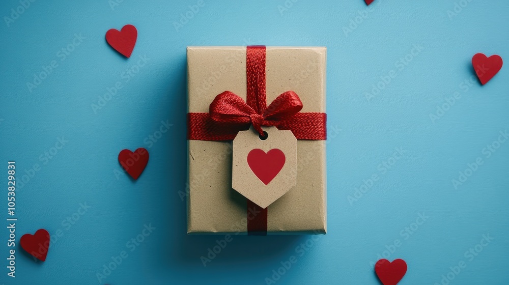Poster gift box featuring a tag and red bow set against a blue background overhead view celebration theme w