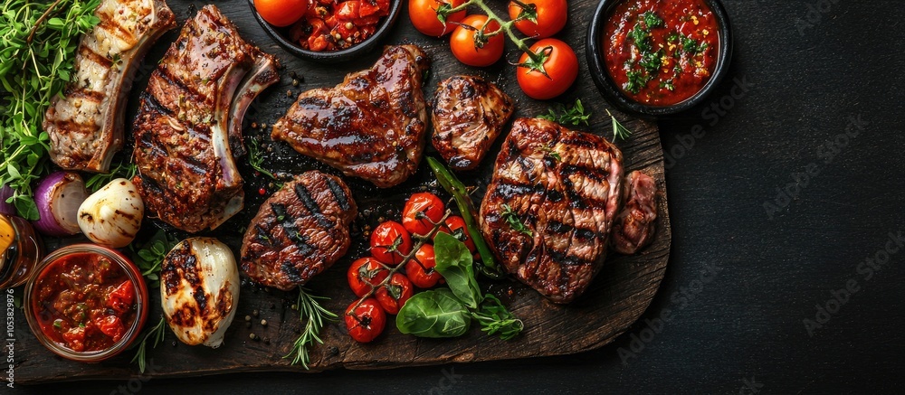 Poster assorted delicious grilled meat with vegetable and herbs on rustic table