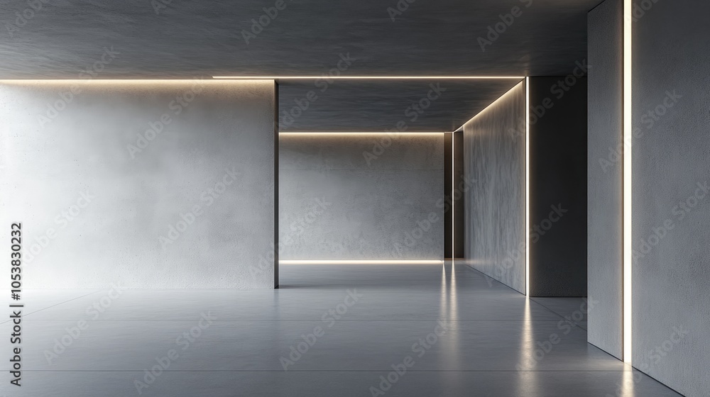 Poster Abstract minimalist interior featuring a concrete room with grey walls and LED light lines creating a modern empty space ideal for showcasing white stone textures and architectural elements